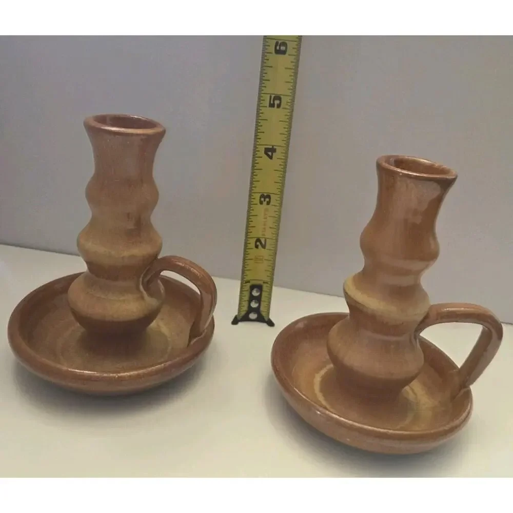 Vintage Studio Pottery Chamberstick Candle Holders Pair Brown Glazed Stoneware